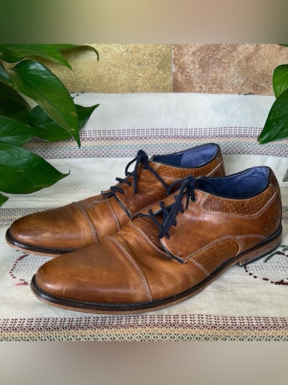 Manfield Men’s Leather Cognac Brown Oxford Ankle Dress Pointy Toe Shoes, Size 10